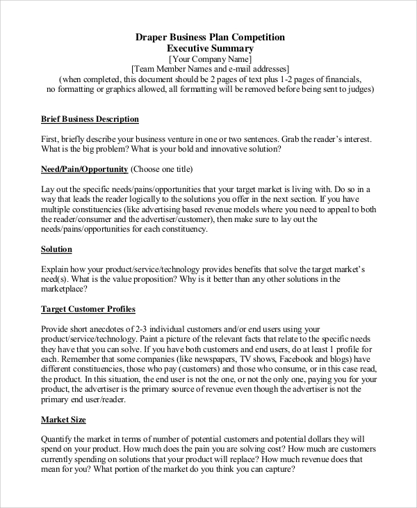 sample executive summary business plan