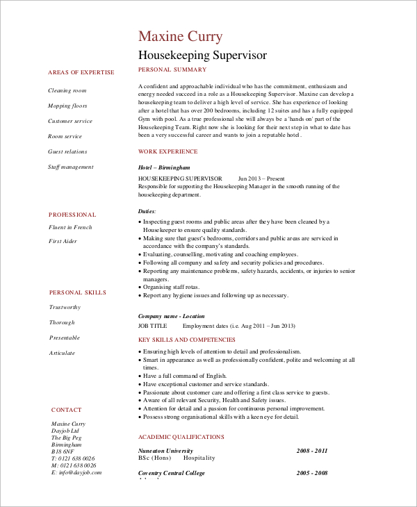 housekeeping supervisor resume