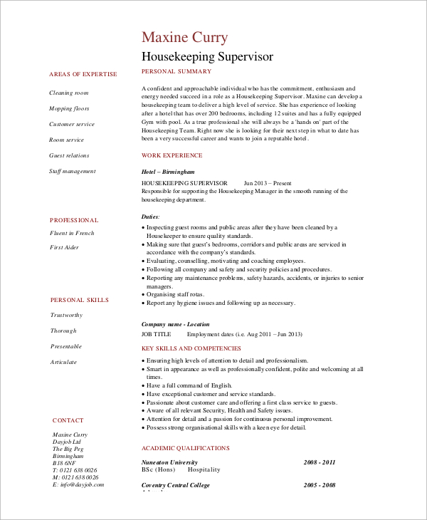 Resumes For Housekeeper