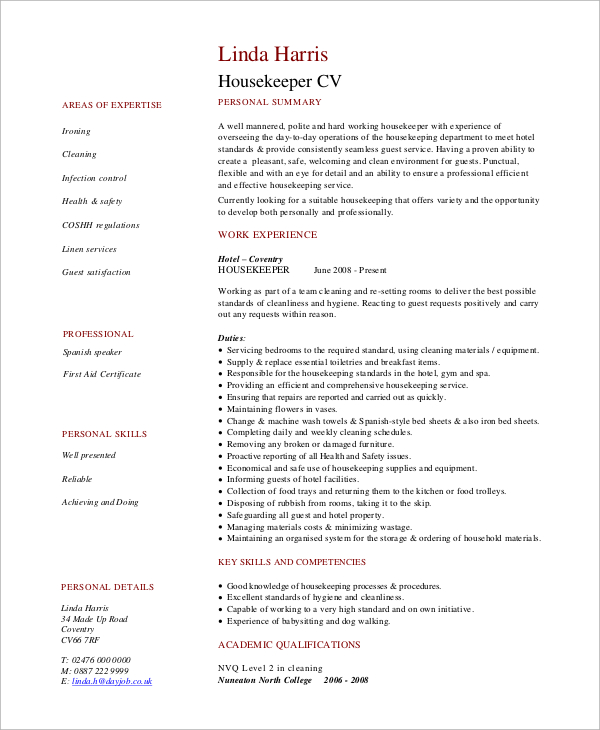 sample resume for housekeeping job in hotel