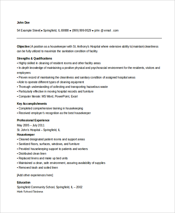 Free 7 Sample Housekeeping Resume Templates In Ms Word Pdf