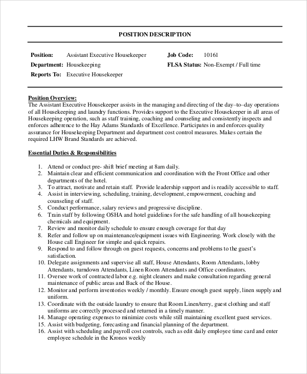 housekeeping resume responsibilities