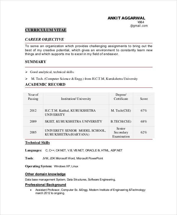 Free 10 Sample Objective For Resume Templates In Ms Word Pdf