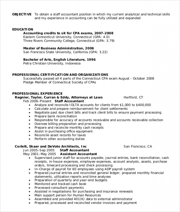 staff accountant resume objective