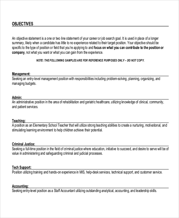 sample job resume objectives in pdf