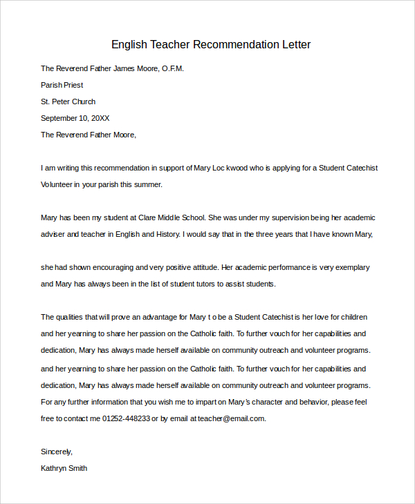 Free 7 Sample Letter Of Recommendation For Teacher In Pdf Ms Word 0987