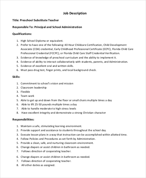 FREE 8 Sample Substitute Teacher Job Description Templates In PDF MS   Substitute Preschool Teacher Job Description 