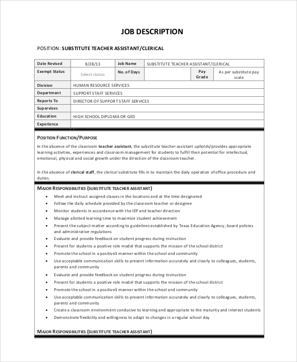 substitute teacher assistant job description