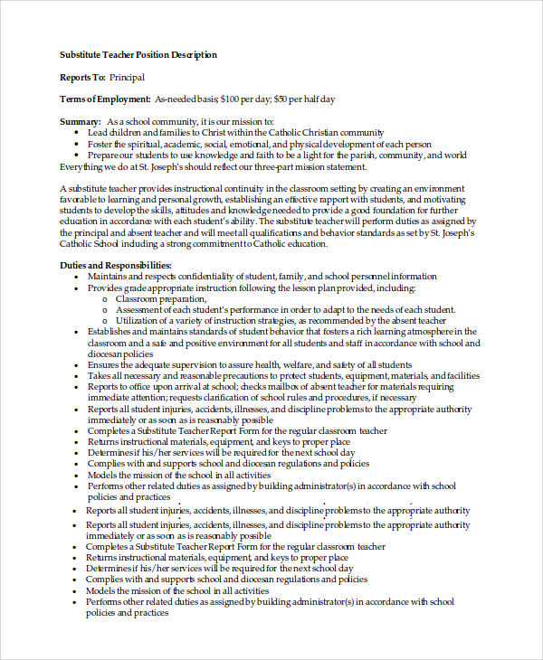 FREE 8 Sample Substitute Teacher Job Description Templates In PDF MS 