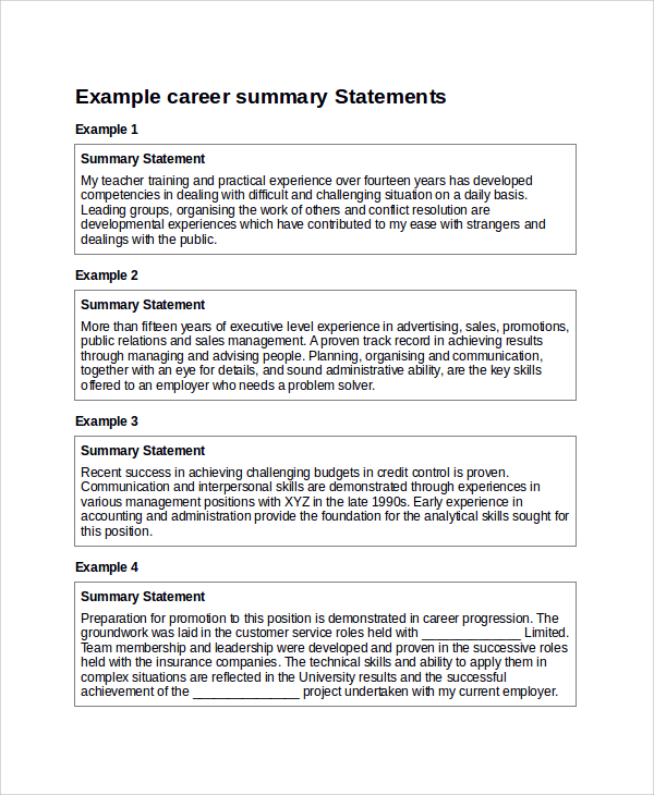 FREE 9+ Sample Resume Summary Statement Templates in MS ...