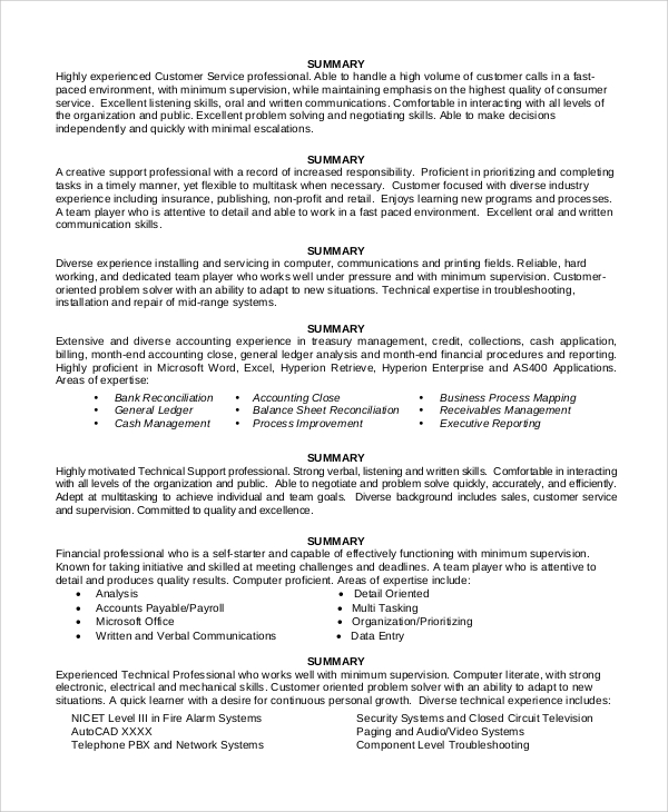 examples of professional statements on resumes