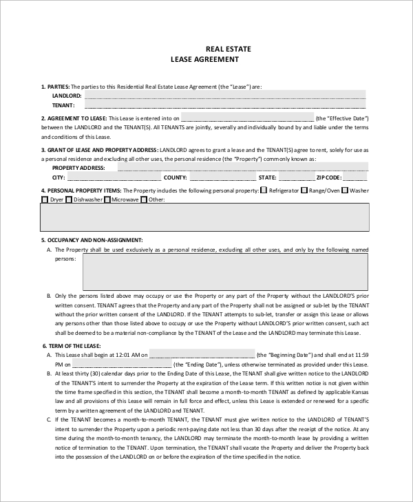 real estate lease agreement form