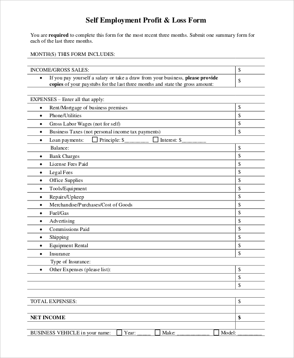 Self Employment Profit And Loss Statement Form