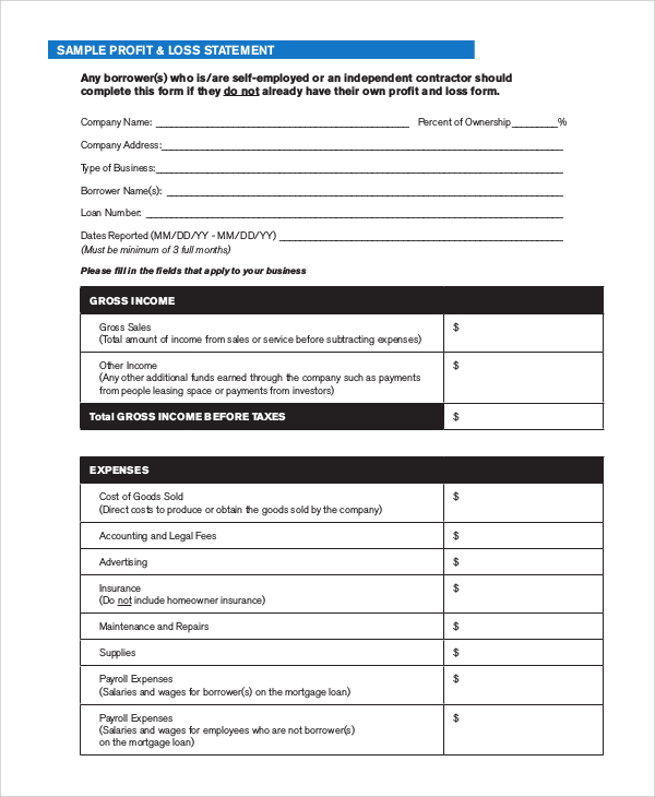 blank profit and loss form