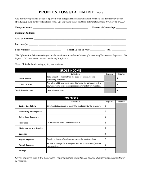 personal profit and loss statement form