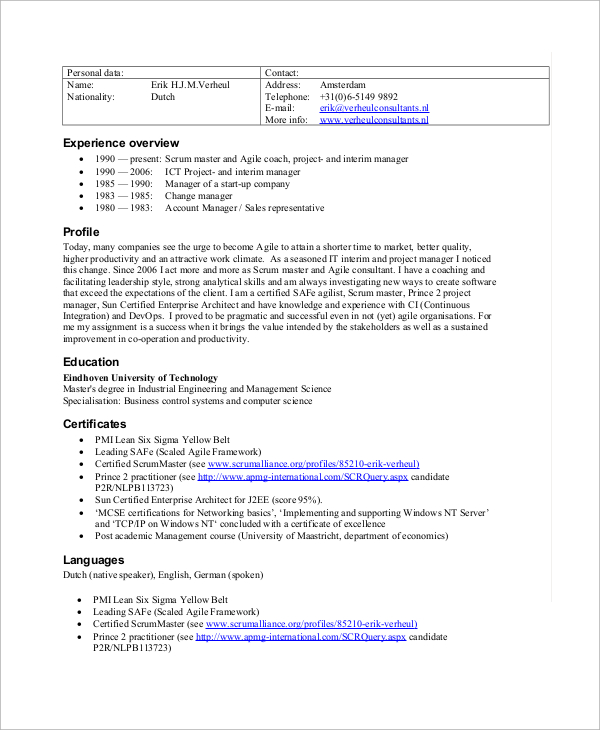 scrum master project manager resume