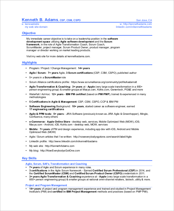 Agile scrum experience resume