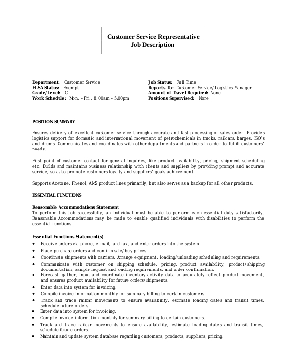 customer service representative resume job description
