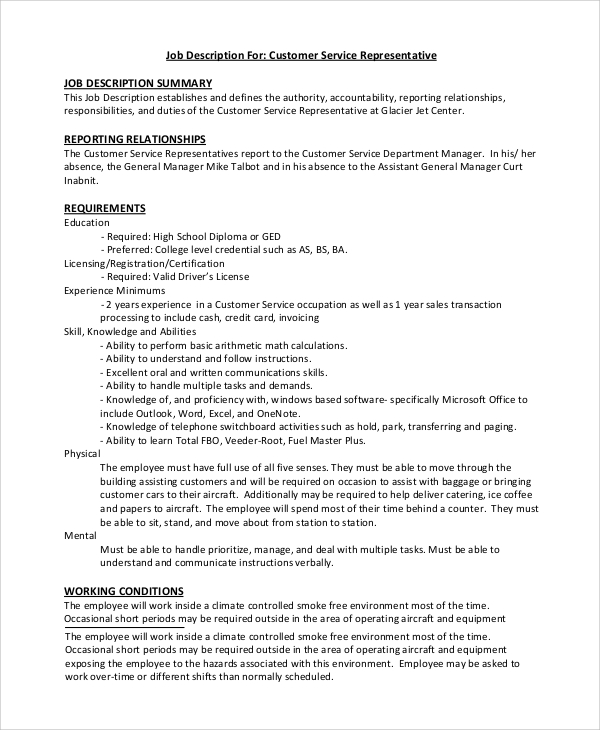 customer service representative job description