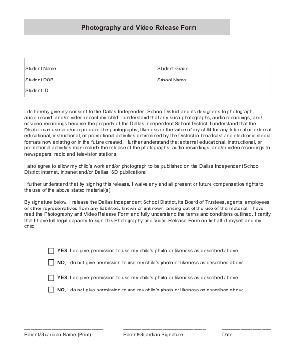 photography and video release form