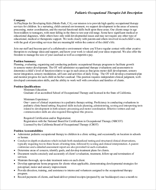 pediatric occupational therapist job description