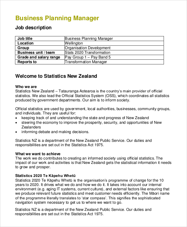 job description example in business plan