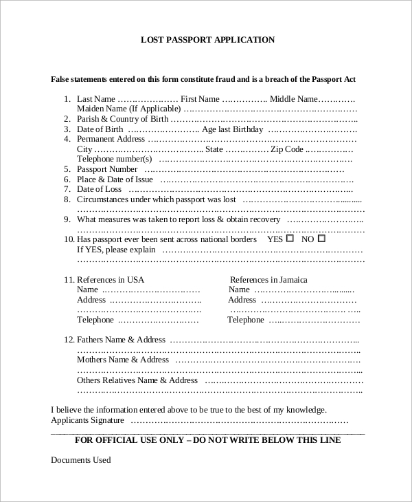 FREE 8 Sample Lost Passport Forms In PDF