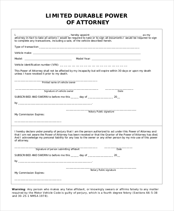 Free Sample Limited Power Of Attorney Forms In Pdf Ms Word