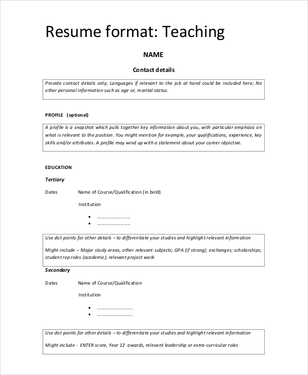 Resume Format For Teacher Job Pdf