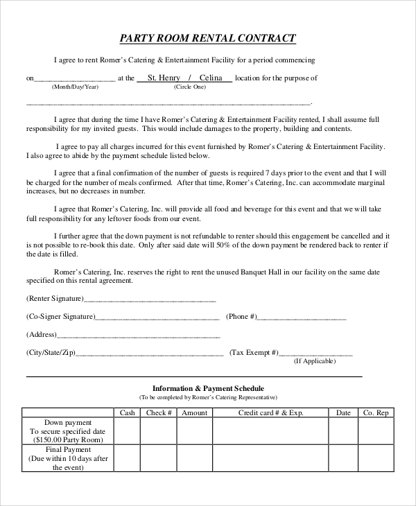 Printable Party Rental Contract Template