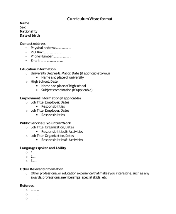 Curriculum Vitae Format For Freshers