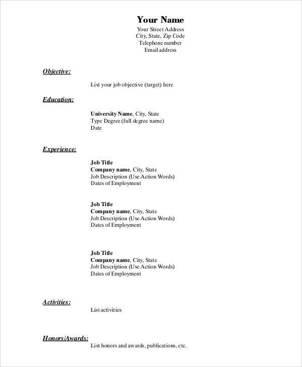 simple resume format for job