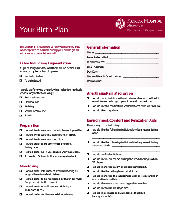 hospital birth plan sample