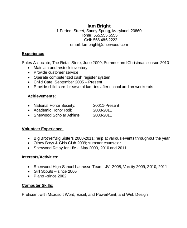 high school cv with experience