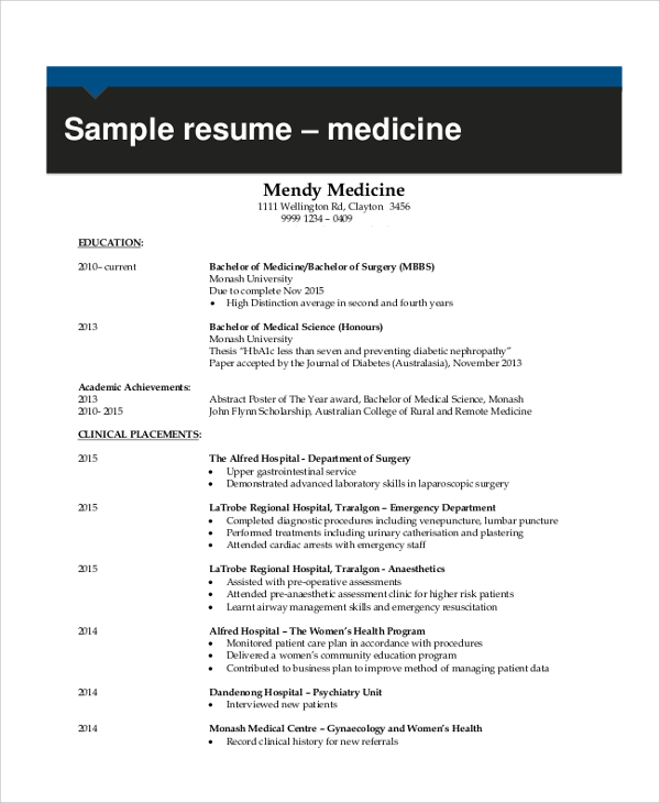 resume for medical student