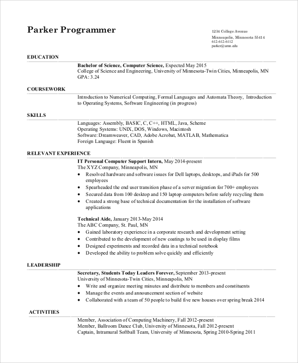 resume for undergraduate student