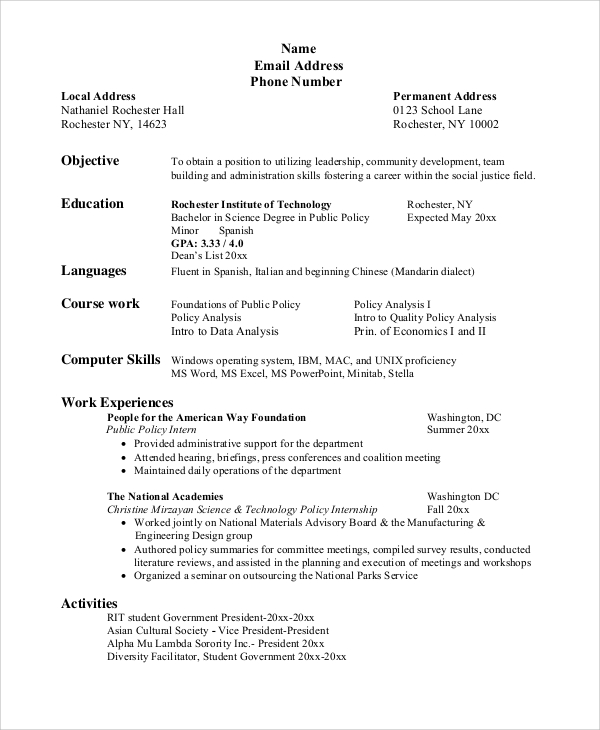 resume for college objective