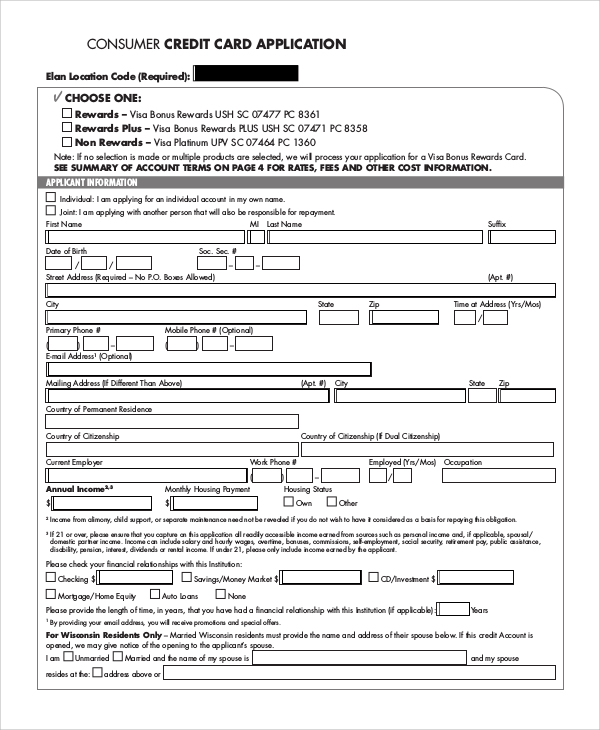 Credit Card Application Form Template 3882