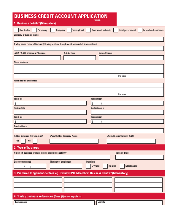 business credit account application form