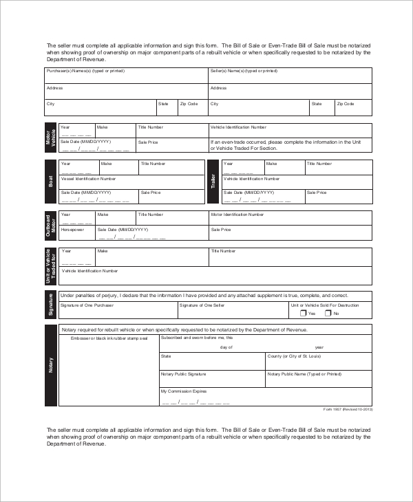 Easy Printable Bill Of Sale Vernevada