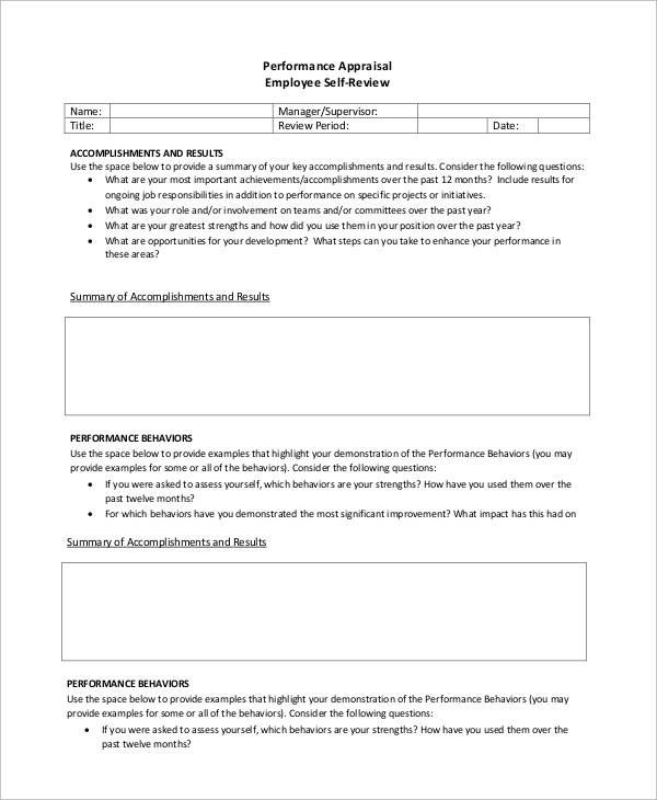 self performance appraisal example