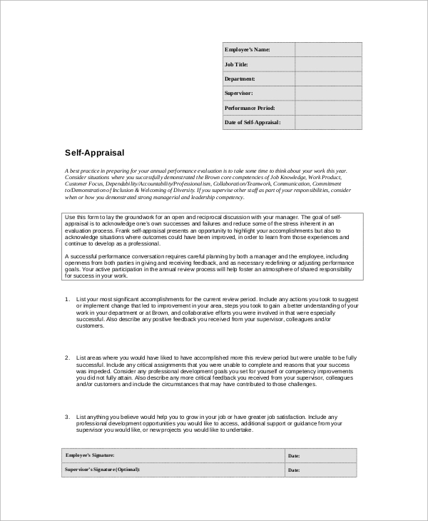 FREE 9+ Self Appraisal Templates in PDF MS Word