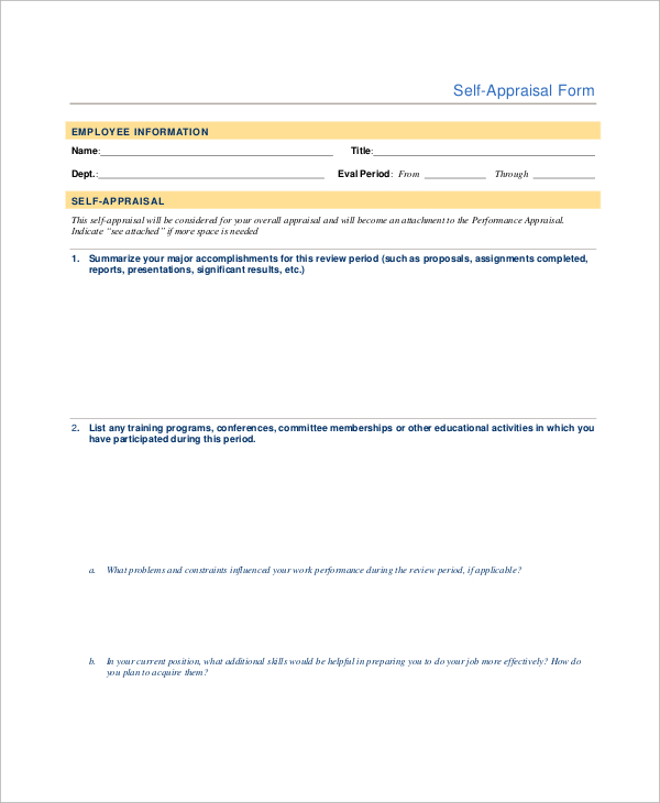 self appraisal form example