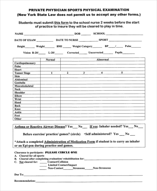 sports physical examination form