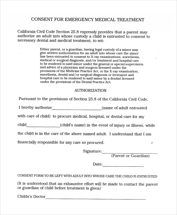 consent for emergency medical treatment form