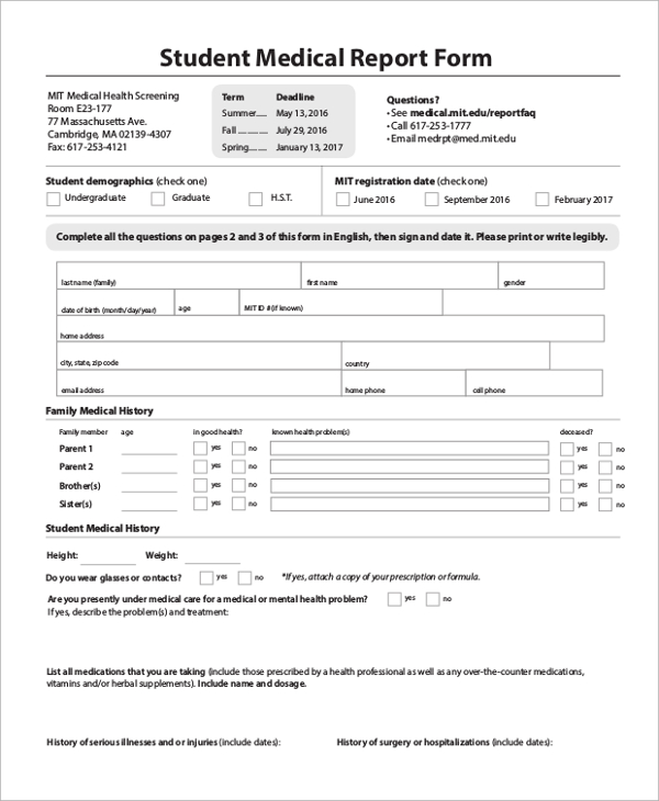 student medical report form