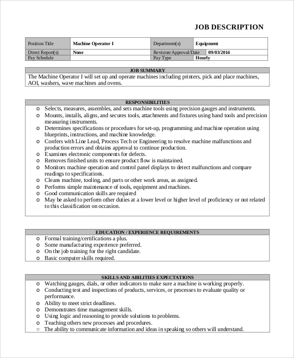 Free 8 Sample Machine Operator Job Description Templates In Pdf