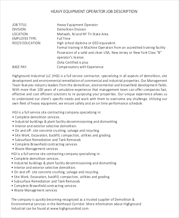 heavy equipment machine operator job description