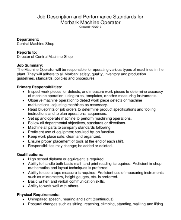 Job Description For Machine Operator