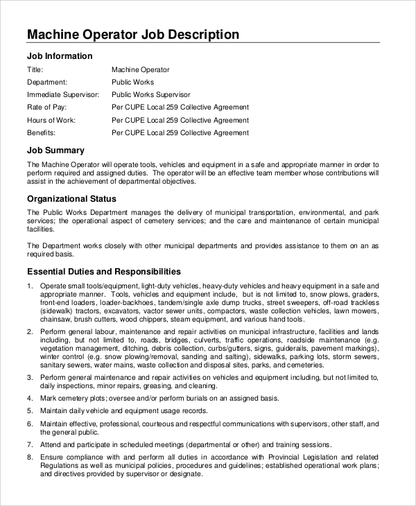 8+ Machine Operator Job Description Samples  Sample Templates